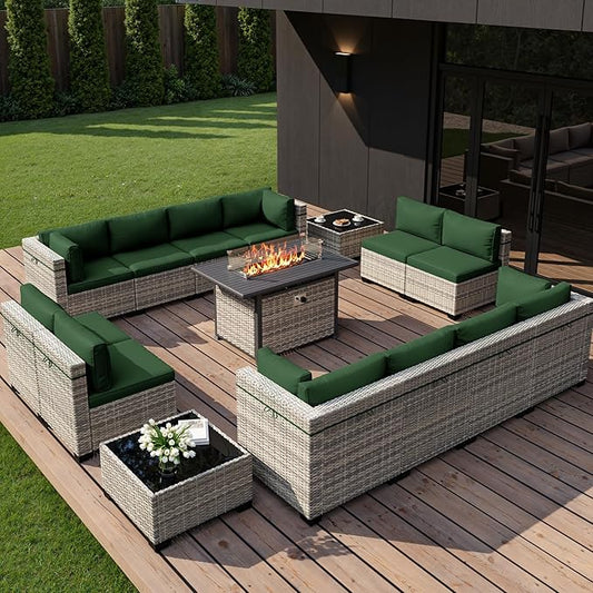 15-Piece Outdoor Patio Furniture Set with 55,000 BTU Fire Pit Table, PE Wicker Rattan Sectional Sofa Conversation Set - All-Weather Garden, Backyard Furniture, Green