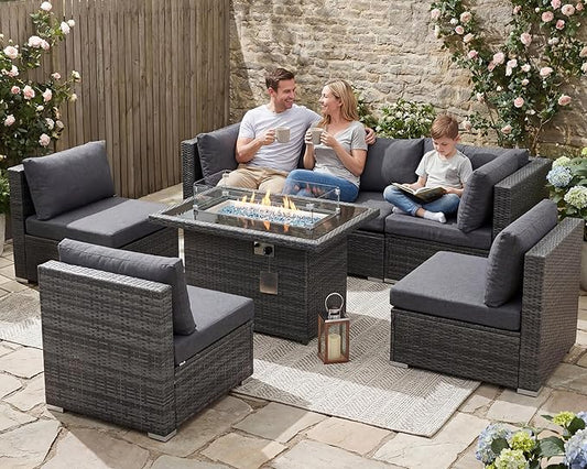 NICESOUL Extra Large Rattan Patio Furniture Set with Gas/Propane Fire Pit Table, 29.3'' High Back Comfy Outdoor Sofa Conversations, 7 Piece Moden Deep Wide Seated Sectional Couch for Backyard, Gray
