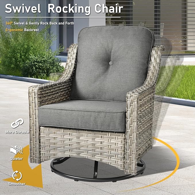 HOOOWOOO 5 Piece Patio Furniture Conversation Sets with Swivel Rocking Chairs,Outdoor Wicker Furniture with LED Tablet,All Weather Resistant High Back Rattan Conversational Set(Dark Grey Gray)