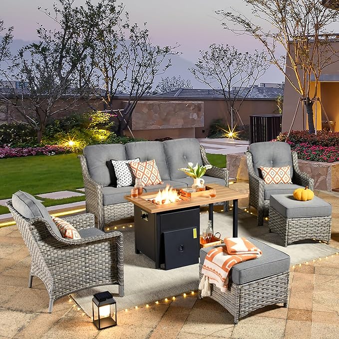 HOOOWOOO 6 Piece Patio Furniture Sets with Fire Pit Table,Outdoor Wicker Furniture Set,All Weather Resistant Outside High Back Rattan Conversation Set for Out Door(Dark Grey Gray)