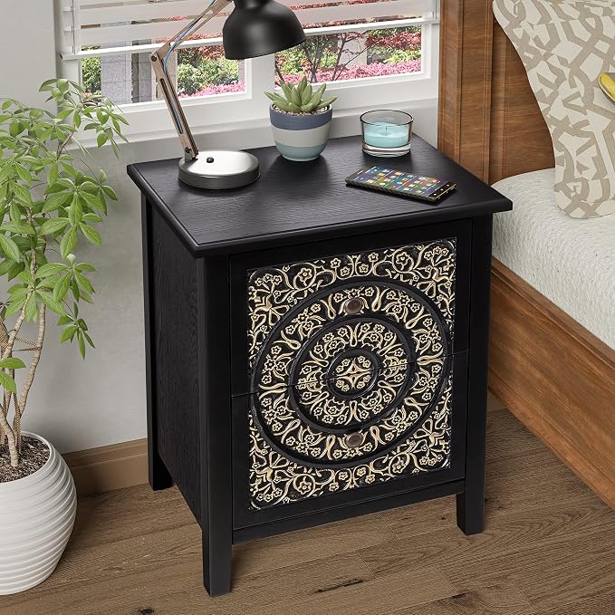 COZAYH Set of 2 2-Drawer Fully-Assembled Flower Motif Nightstand for Small Spaces, French Country, Modern, Distressed Finish,Gold & Black - Image 6