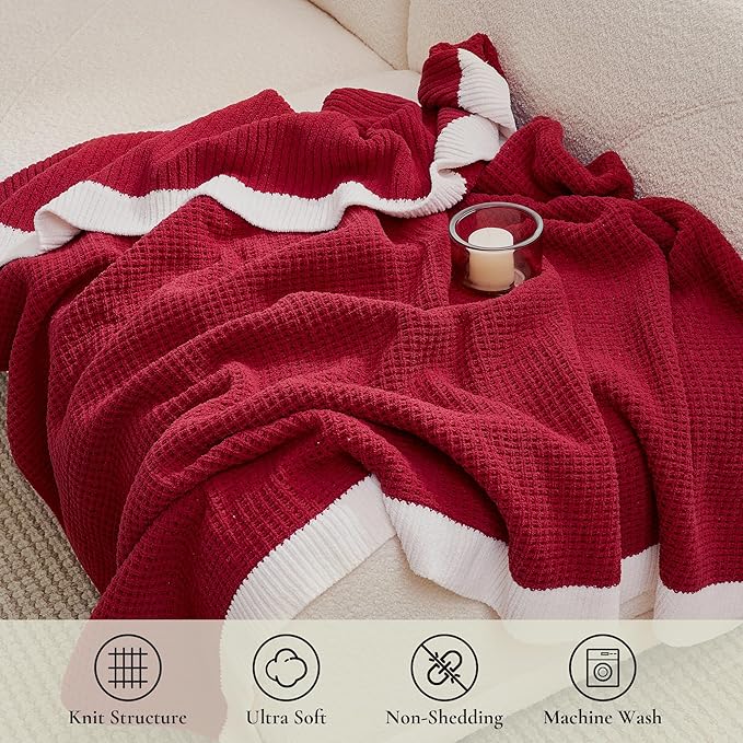 Amélie Home Chenille Throw Blanket, Soft Cozy Waffle Throw for Couch & Sofa, Warm Yet Lightweight, Breathable All-Season Throws for Women Men, Housewarming, Birthdays, 50"x60", Red