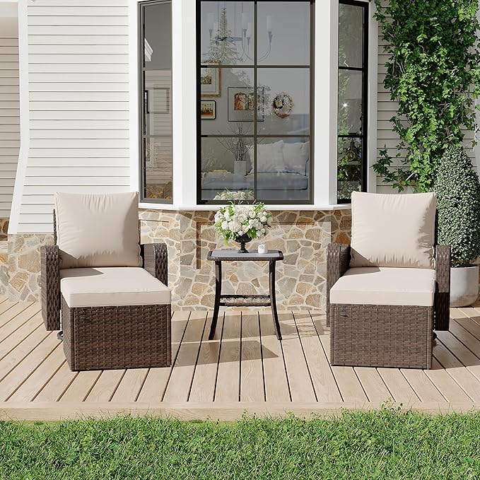 HOMREST 5 Piece Outdoor Patio Furniture Set-360 Wicker Swivel Chairs Set of 2 w/ 2 Ottoman, Coffee Table & Cushions Patio Bistro Set for Garden, Balcony (Khaki)