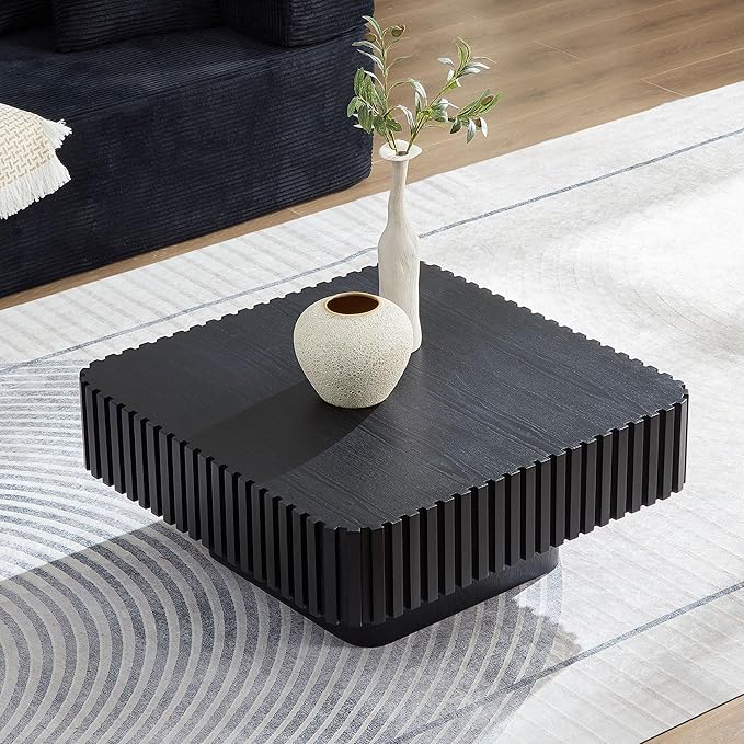 31.5" Square Coffee Table Set of 2, Wooden Center Tea Table 2 Piece Accent End Table for Living Room Apartment, with Sturdy Curved Base & Solid Wood Fluted Side, Black
