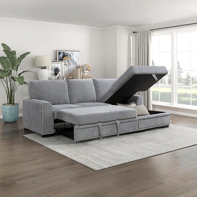 Lexicon Mid Century Modern Sectional Sleeper Sofa Bed Couch with Storage Chaise, Sectional Sofa Pull Out Couch Bed, Sectional Couch Lounge Sofa for Living Room Apartment, Right Side Chaise, Gray