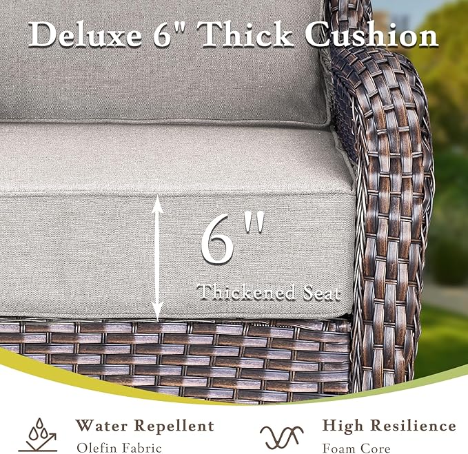 Luxury High Back Outdoor Furniture with 6-inch Extra Thick Cushions, Patio Furniture Set with Swivel Chairs, 5 PCS Wicker Conversation Set for Yard, Deck, Poolside, Brown/Beige