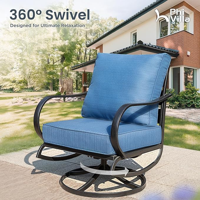 PHI VILLA 6 Piece Patio Furniture Sets with 1 x 3-Seat Deep Seating Bench, 2 x Cushioned Swivel Sofa Chairs, 1 x Coffee Table & 2 Ottoman, Outdoor Metal Conversation Set for Lawn Garden, Peacock Blue