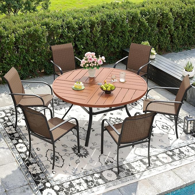 DIFY 7 Pieces Outdoor Patio Dining Set for 6, 47.2" Walnut Round Metal Dining Table and 6 Brown Stackable Sling Dining Chairs, Outdoor Table and Chairs for Lawn Garden Backyard Deck by DIFY