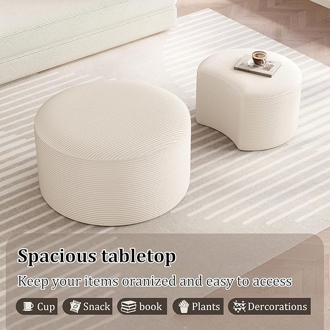 Round Coffee Table Set of 2, Movable Ottoman for Corduroy Cloud Sectional Couches Circle Foam Round Side Table for Living Room, Entryway Set, 32"+17" Footrest No Assembly (Beige, 32"+17")