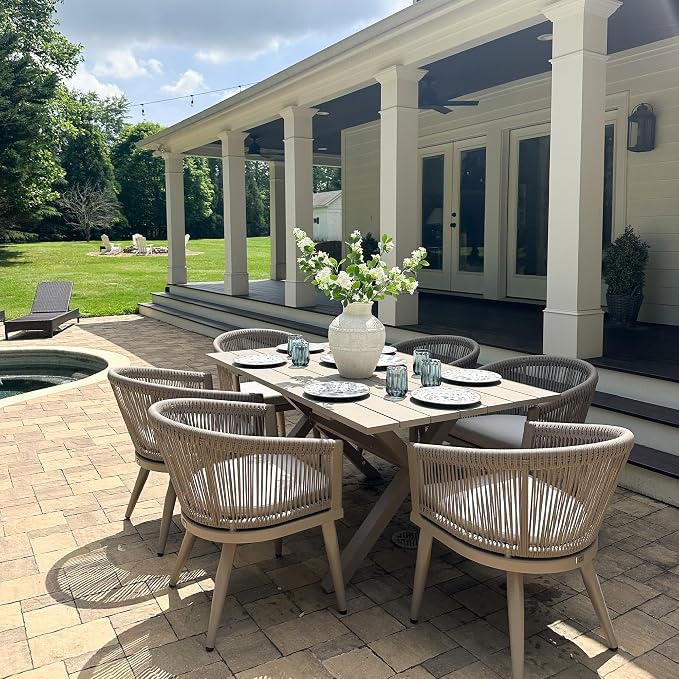 PURPLE LEAF Patio Dining Set for 6 All-Weather Wicker 7 Piece Aluminium Outdoor Table and Chairs Set Included Cushions for Backyard Indoor Decor Kitchen Modern Outdoor Furniture Set Champagne - Image 2