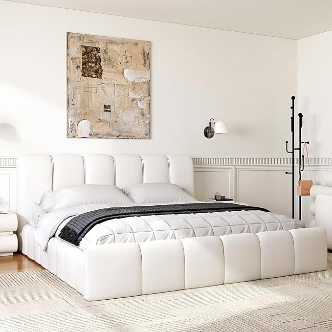 homary 2-Piece Bedroom Furniture Set, King Size Faux Leather Platform Bed Frame with Wingback Headboard and White Vanity Set with LED Mirror & Stool, Modern Bedroom Set for Women and Couples