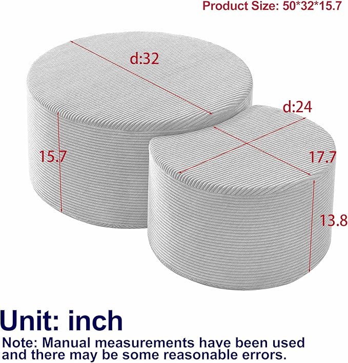 kevinplus 49.7'' Foam Round Nesting Coffee Table Set of 2, Modern Upholstered Side End Table Ottoman Footrest, No Assembly, Beige