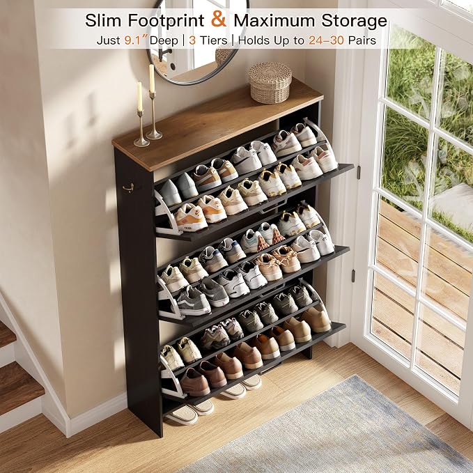 Shaker Barn Door Shoe Cabinet - 3 Flip Drawers & 3-Tier Adjustable Shelves, Ultra Slim Freestanding, Modern Rustic Brushed Black Farmhouse Shoe Rack for Entryway, Hallway, Foyer & Mudroom Black - Image 4