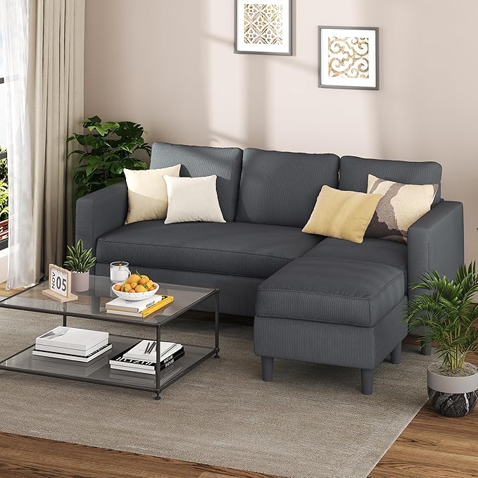 Shintenchi Convertible Sectional Sofa Couch,L-Shaped Modular Sofas with Reversible Ottoman,3-Seat Upholstered Corduroy Sofa Couch,Small Couches for Apartment,Living Room and Office(Dark Grey)