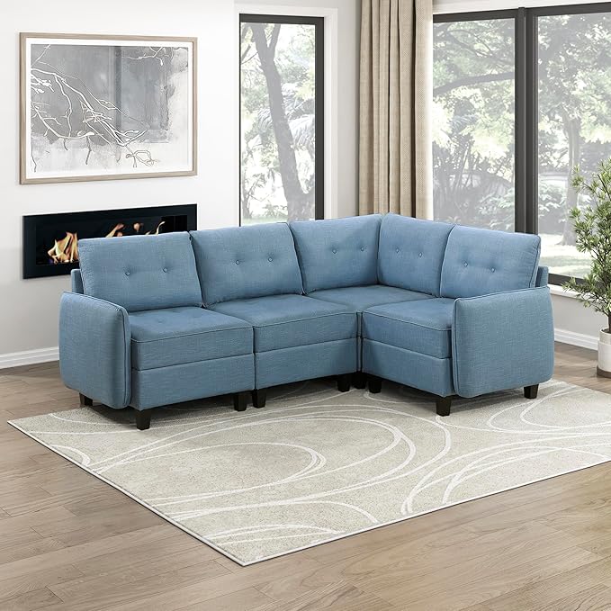 Lexicon L Shape Sectional Couch with Hidden Storage, Textured Fabric Modular Sectional Sofa with Button-Tufted Design, Reversible Back Cushion, 4 Seater Sofa, Blue