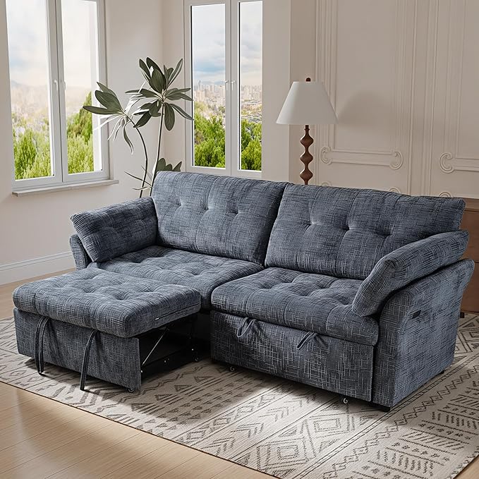 Casaphoria 3 in 1 Convertible Sofa Bed L-Shaped Sleeper with Dual Pull-Out Beds – Space Saving Sectional Couch for Small Spaces Bedroom Guest Room 89.8 Inch Blue