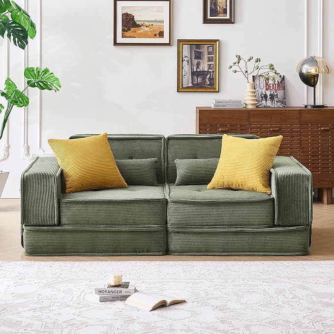 Modular Sofa Bed, No Assembly Required Sectional Couch for Living Room, Compressed Cloud Couch with Corduroy Fabric & Lumbar Pillows, Small Space Furniture Green