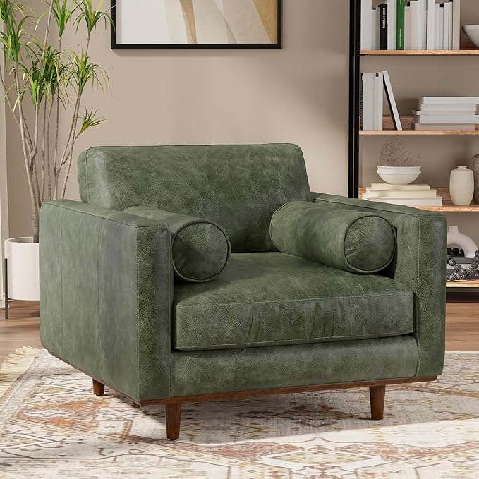 SIMPLIHOME Morrison Arm Chair - 42 inch Wide Upholstered Genuine Leather Mid-Century Modern Accent Chair in Moss Green with Solid Wood Legs, Reversible Bolster Pillows and Reclined Back