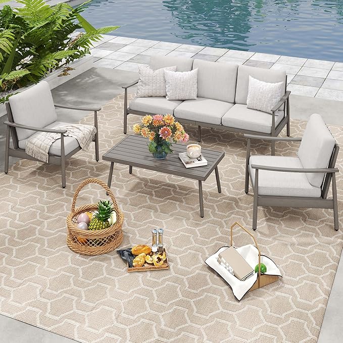 HAPPATIO Patio Outdoor Furniture Set - 4 Piece Aluminum Patio Conversation Set with 1 Coffee Table, 2 Armchairs and 1 Three-Seater Sofa, Aluminum Outdoor Furniture Set for Backyard Poolside (Grey)