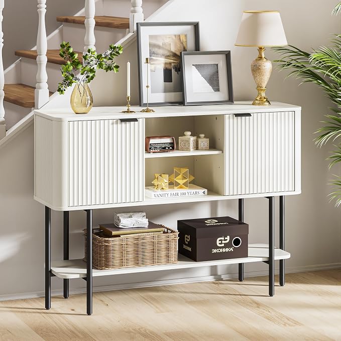 Fatmok Fluted Console Table with Storage, 47" Long Entryway Table with with 2 Door Cabinets and Open Storage Shelf, Wood Sofa Table Behind Couch for Hallway Entrance Foyer Living Room, White by Fatmok