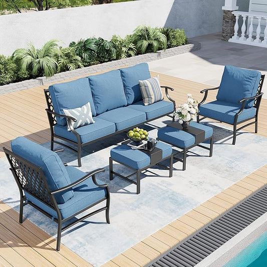 5 Piece Metal Outdoor Patio Furniture Set, Patio Conversation Sets 1 3-seater Sofa, 2 Fixed Chair, 2 Ottomans with 5.75" Thick Cushion, Black All-weather Frame Backyard Furniture, Navy