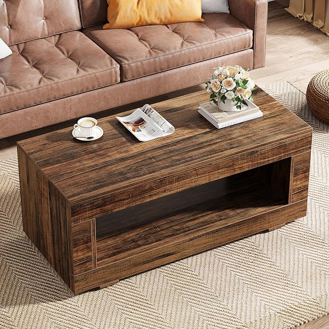 Tribesigns Wood Coffee Table for Living Room, 43.3" Modern Farmhouse Coffee Table with Storage, 2-Tier Rectangular Center Table Cocktail Living Room Table with Sturdy Base, Rustic Brown