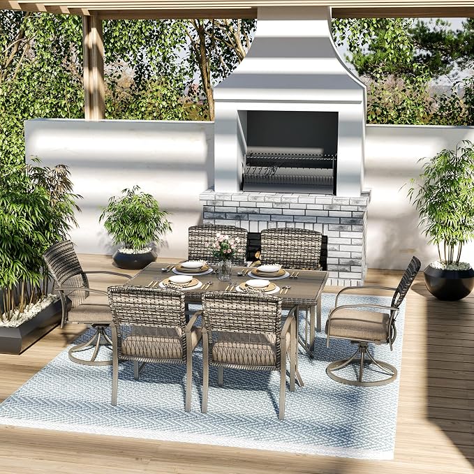 Pamapic 7-Piece Outdoor Dining Set with Table, Patio Furniture Includes 2 Swivel Chairs, 4 Wicker Chairs & Beige Removable Cushions, Weather Resistant Iron Frame for Backyard, Deck, Garden (Beige) - Image 2