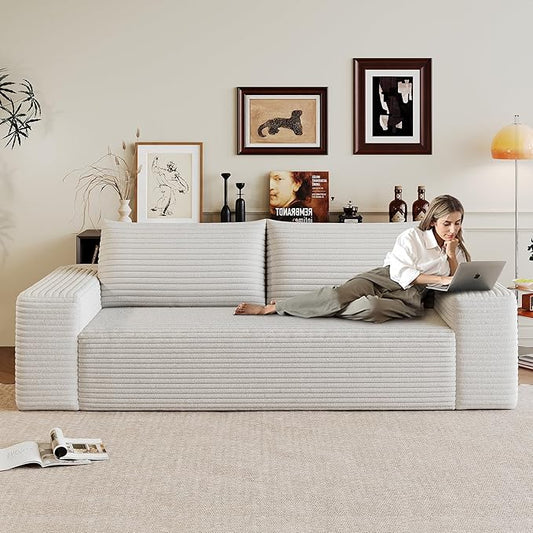 Ball & Cast 63" Loveseat Sofa with Deep Seat,Memory Foam,2 Seater Floor Couch with Corduroy Fabric,No Assembly,Cloud Sofas Couches for Small Spaces Living Room Bedroom Apartment,Easy to Move,White