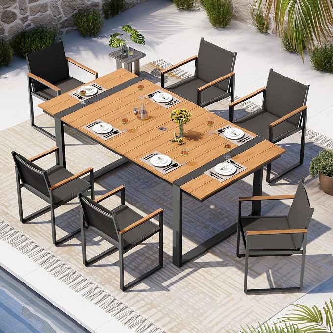 Outdoor Dining Set, HDPS + Aluminum Patio Table and Chairs Set with U-Shaped Base, 7 Piece Outdoor Furniture Set with Umbrella Hole, Patio Dining Table Set for Garden, Backyard (Gray-Teak) by Oasbira