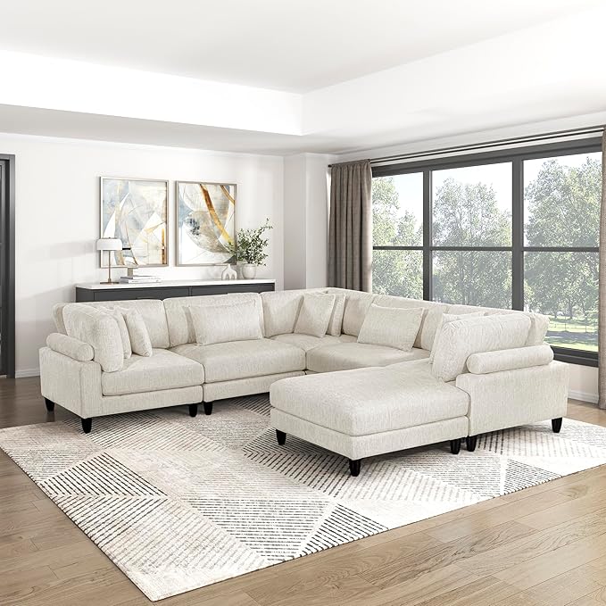 Lexicon 120 Inch Modular Sectional Sofa - Oversized 6 Seater Microfiber U Shaped Sectional Couch with Ottoman, 8 Accent Pillows, and Flexible Arrangement for Modern Living Rooms, Beige