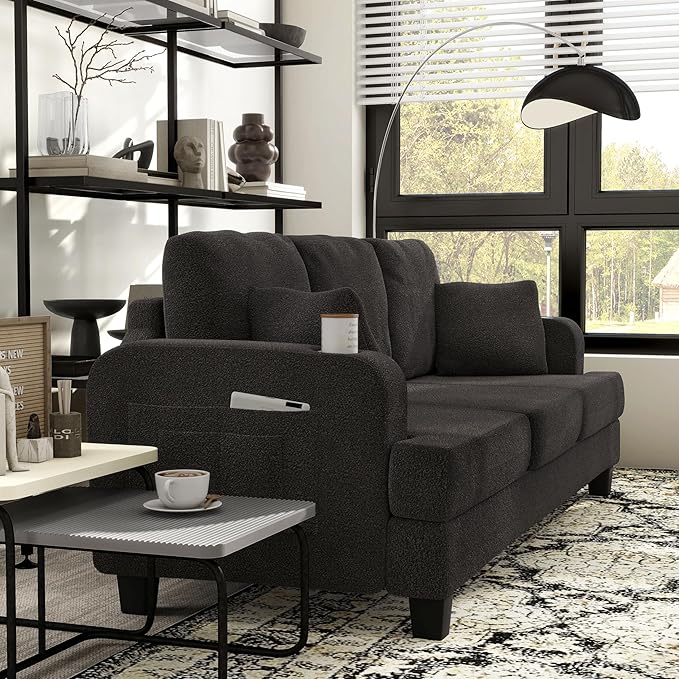 Homes: Inside + Out Reese Modern Plush Boucle Couch with Side Pockets, Cup Holders and USB Ports, Wooden Comfortable Sofa for Living Room, Bedroom and Office, Dark Grey