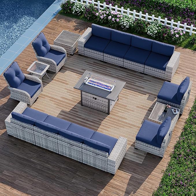 16-Piece Outdoor Patio Furniture Set with Rocking Swivel Chair, PE Wicker Rattan Sectional Sofa Patio Conversation Set with 55,000 BTU Fire Pit Table & Side Table, Navy Blue