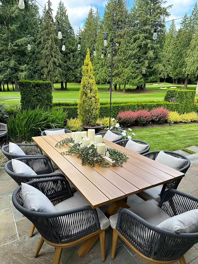 PURPLE LEAF 9 Pieces Patio Dining Set Wicker Outdoor Furniture Rectangular Table and Chairs Set for Garden Deck Teak-Finish Aluminum Frame Backyard Kitchen Set, Cushions and Pillows Included by PURPLELEAF