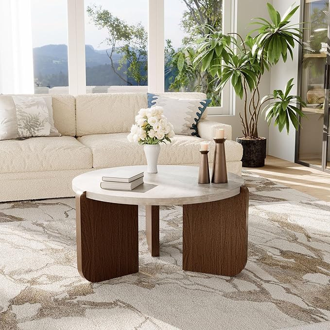 COSIEST 31.5" Round Coffee Table, Faux Marble Tabletop with Walnut Wood Grain Legs, Modern Minimalist Center Table for Living Room, Waterproof & Easy Assembly, Off-White
