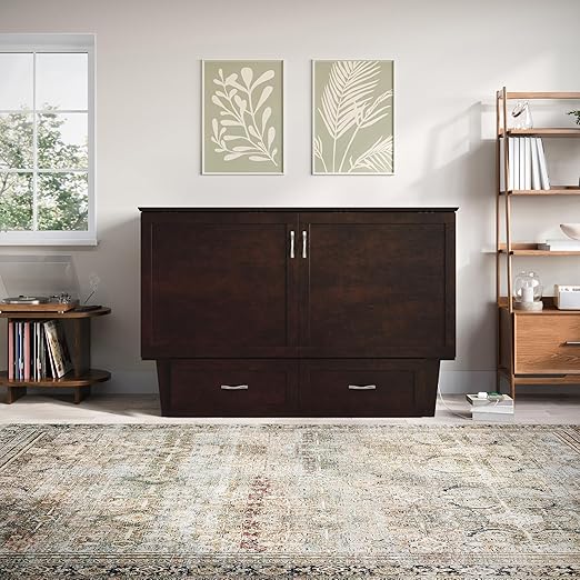 AFI, Chelsea Mid-Century Modern Queen Solid Wood Murphy Bed Chest with 6" Mattress, Storage Drawer & Built-in USB Charger, Espresso