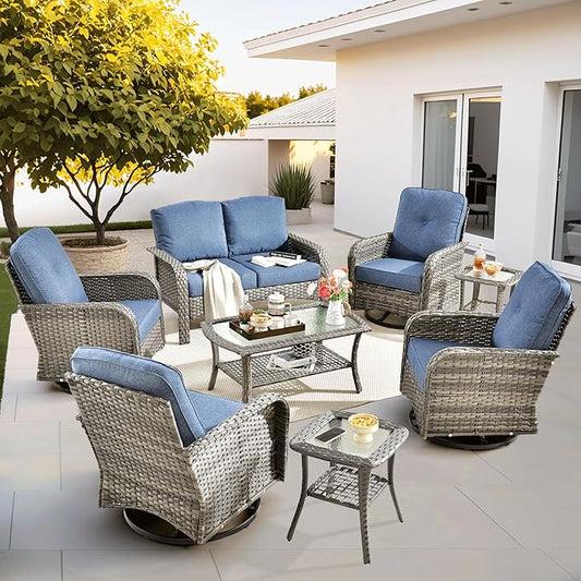ovios 8-Piece Patio Furniture Set, Outdoor Wicker Sofa with Swivel Chairs Coffee Table, High Back Rattan Couch Loveseat with Comfy Cushions for Porch Yard Deck, Denim Blue