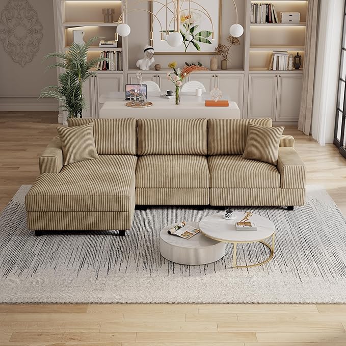 ERYE L-Shaped Reversible Chaise Sectional Sofa Corduroy Upholstered Corner Tufted Sofa Couch with Reversible Chaise Lounge,Headrests,Removable Armrests and 2 Pillows