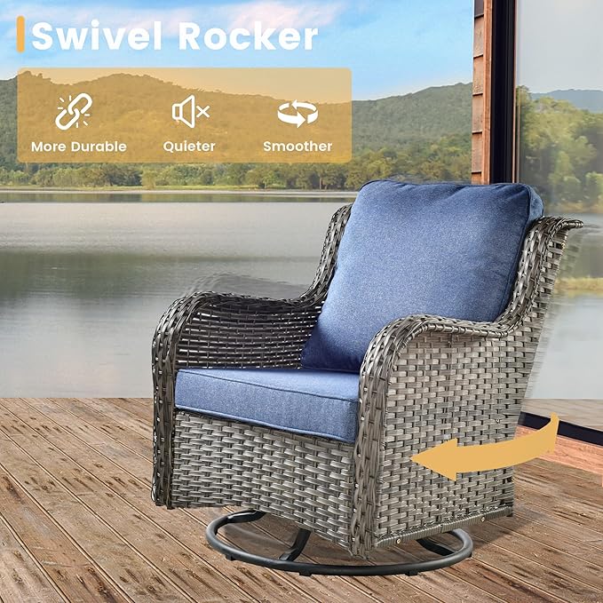 HOOOWOOO Patio Furniture Set,7 Piece Outdoor Furniture Set with Fire Pit Table,Wicker Patio Conversation Couch Swivel Chairs Ottoman Set,Denim Blue