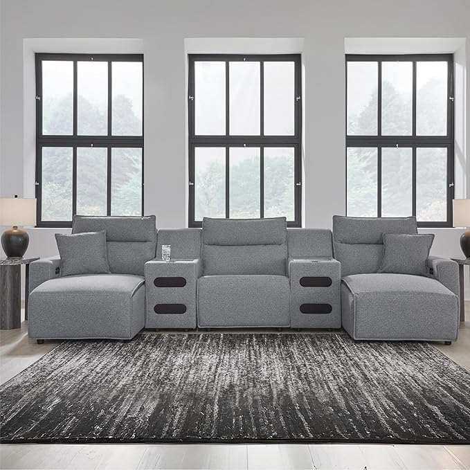 Signature Design by Ashley Modern ModMax II Stain Resistant U-Shape Symmetrical 5-Piece Power Reclining Sectional with Chaise, Built-in Audio Console and Adjustable Headrest, Gray