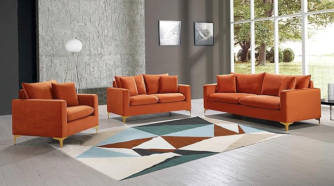 Meridian Furniture 633Cognac-S Naomi Collection Modern | Contemporary Velvet Upholstered Sofa with Deep Channel Tufting and Rich Gold Stainless Steel Legs, Cognac, 81.5" W x 33.5" D x 30" H