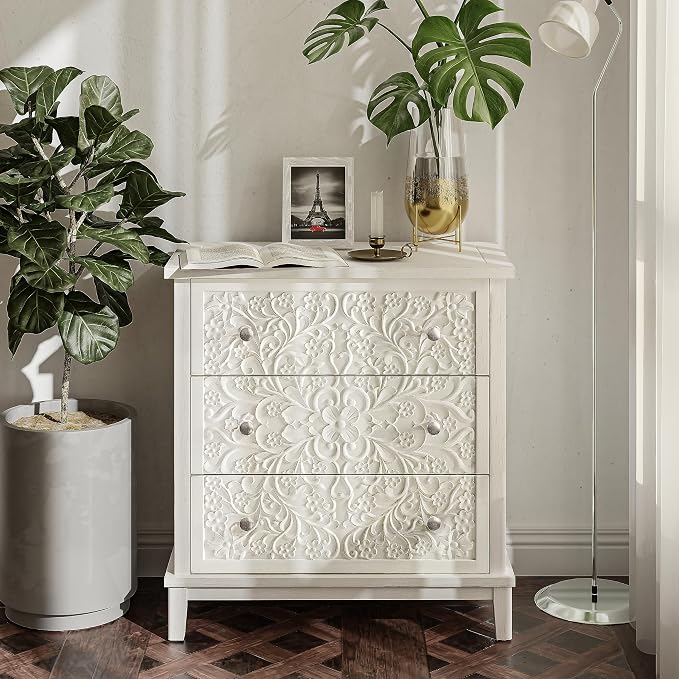 COZAYH 3-Drawer Fully-Assembled Flower Motif Dresser, Set of 2 Nightstand for French Country, Farmhouse, Modern, Rustic Style, Distressed Finish, White-Washed - Image 2