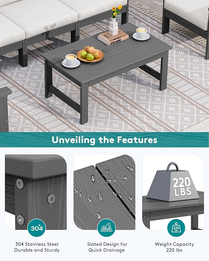 SERWALL HDPE Patio Coffee Table, Rectangle Outdoor Coffee Table, All-Weather Coffee Side Table for Balcony, Poolside, Deck, Garden, Gray - Image 6