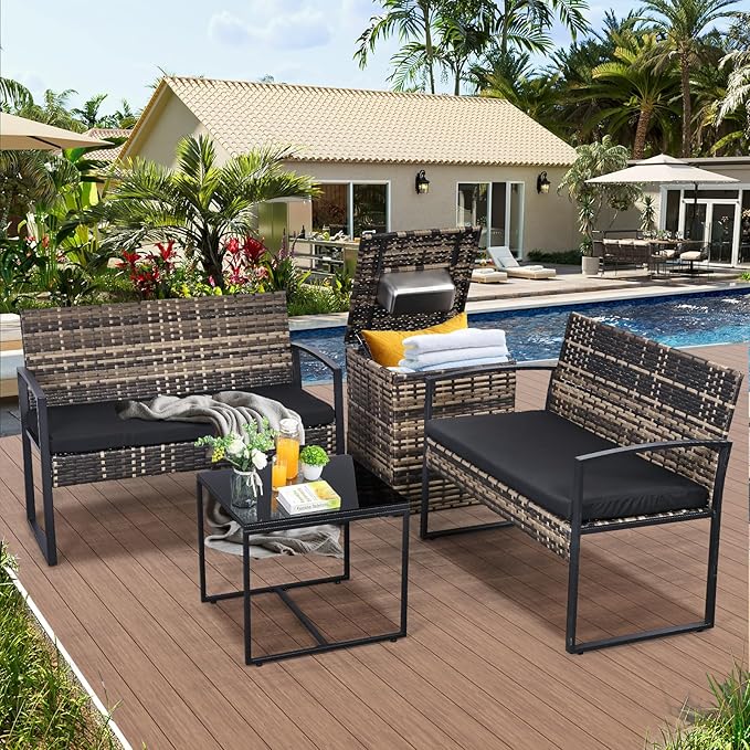 FHFO 4 Piece Outdoor Patio Furniture Set with Built-in Beverage Cooler Storage Box, Wicker Conversation Sets Patio Outdoor Loveseats & Coffee Table for Outside, Garden, Balcony, Porch, Yellow/Black