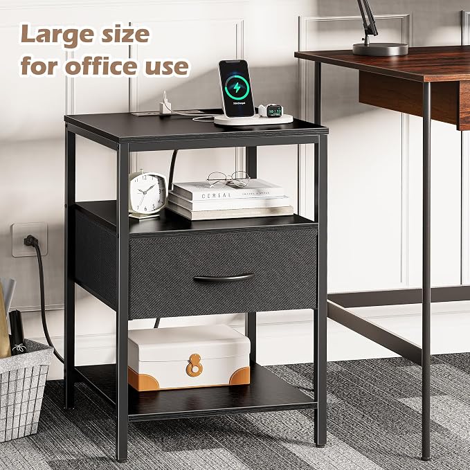 SUPERJARE Night Stand with Charger Station, 27.7 Inch Tall Nightstand with Adjustable Fabric Drawer, Bed Side Table, Fabric Drawer Dresser for Bedroom, Living Room, Black - Image 6