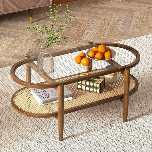 Giantex Rattan Coffee Table, 2-Tier Oval Acacia Wood Tea Table w/Tempered Glass Tabletop & PE Rattan Storage Shelf, Boho Cocktail Tables, Mid Century Modern Center Table for Living Room Office, Brown