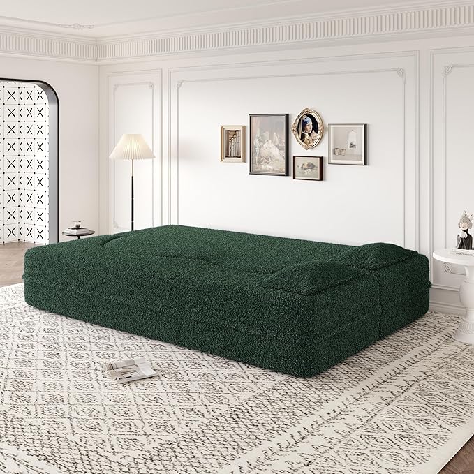 Ball & Cast 78" Floor Sofa Bed with 2 Pillows,Convertible Teddy Fabric Foam-Filled Sleeper Sofa Bed,Pull Out Couch Full Size Folding Mattress for Living Room,Playroom,No Assembly Required,Green