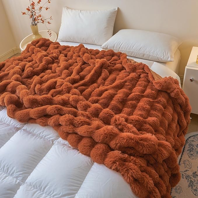 LIFEREVO Fluffy Faux Rabbit Fur Bubble Blanket, Plush Shaggy Waffle Throw for Couch Sofa, Cozy Comfy Furry Bed Blanket Adults Kids Teens Girls, Fuzzy Throw for Bedroom Living Room, 60x90, Burnt Orange