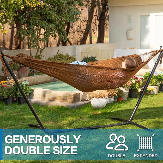 PNAEUT Double Hammocks with Stand for Outside, Portable Space Saving Heavy-Duty Steel Stand for Indoor Outdoor Patio (Mayan Desert) - Image 7