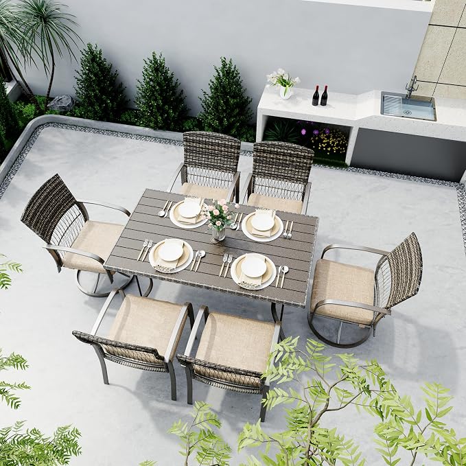 Pamapic 7-Piece Outdoor Dining Set with Table, Patio Furniture Includes 2 Swivel Chairs, 4 Wicker Chairs & Beige Removable Cushions, Weather Resistant Iron Frame for Backyard, Deck, Garden (Beige) - Image 3