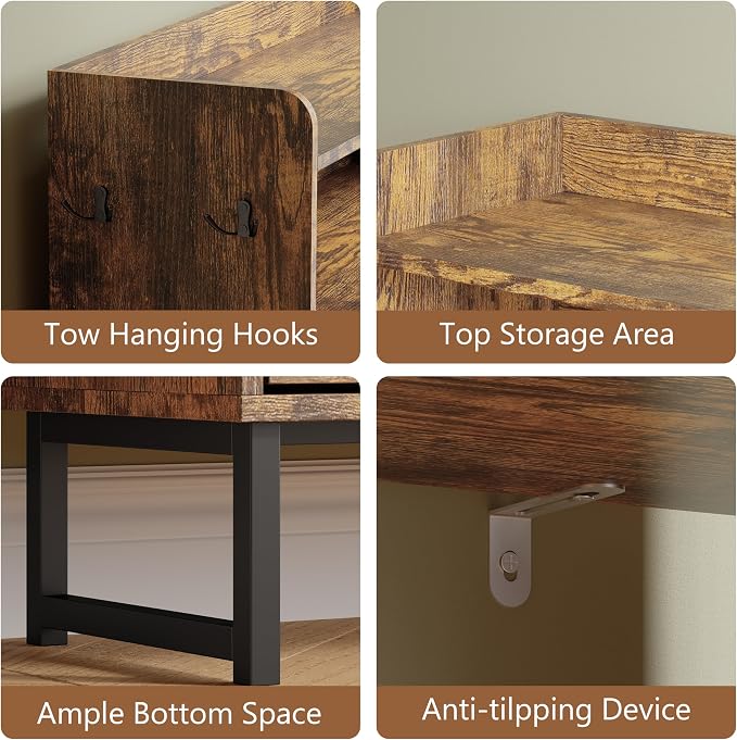Shoe Cabinet with 3 Flip Drawers, Freestanding Hidden Shoe Storage Organizer for Entryway, Narrow Slim Shoe Rack Cabinet with Open Storage & Hooks for Front Door Entrance, Living Room, Hallway, Brown - Image 6